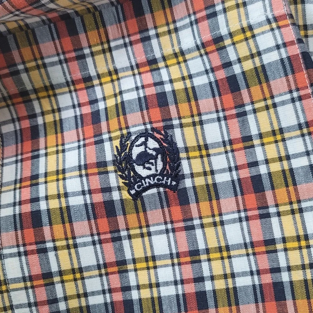 Cinch Western Shirt Mens XL Orange Yellow Plaid Long Sleeve Button Down Cotton - Picture 4 of 8
